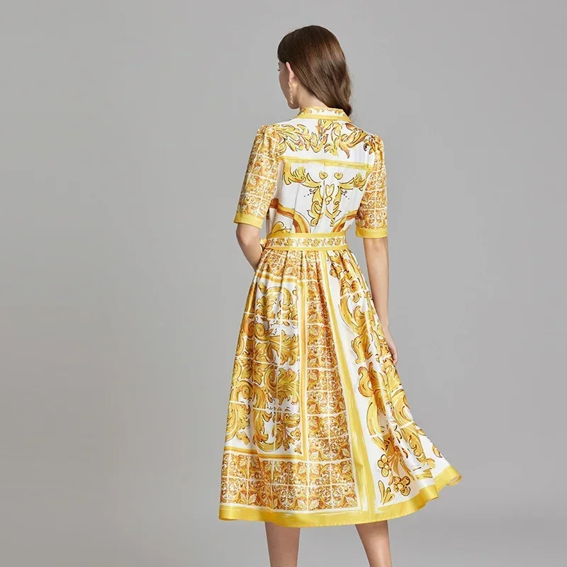 Vestido camisero con estampado de porcelana amarilla y blanca para mujer, ropa de vacaciones con cordones y flores de un solo pecho, nueva moda de verano