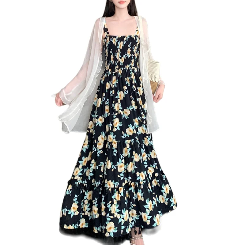 ハイウエスト花柄プリントマキシ丈サマーシンベールオープンカーディガンセット大きいサイズビーチウェア韓国風Aラインドレス