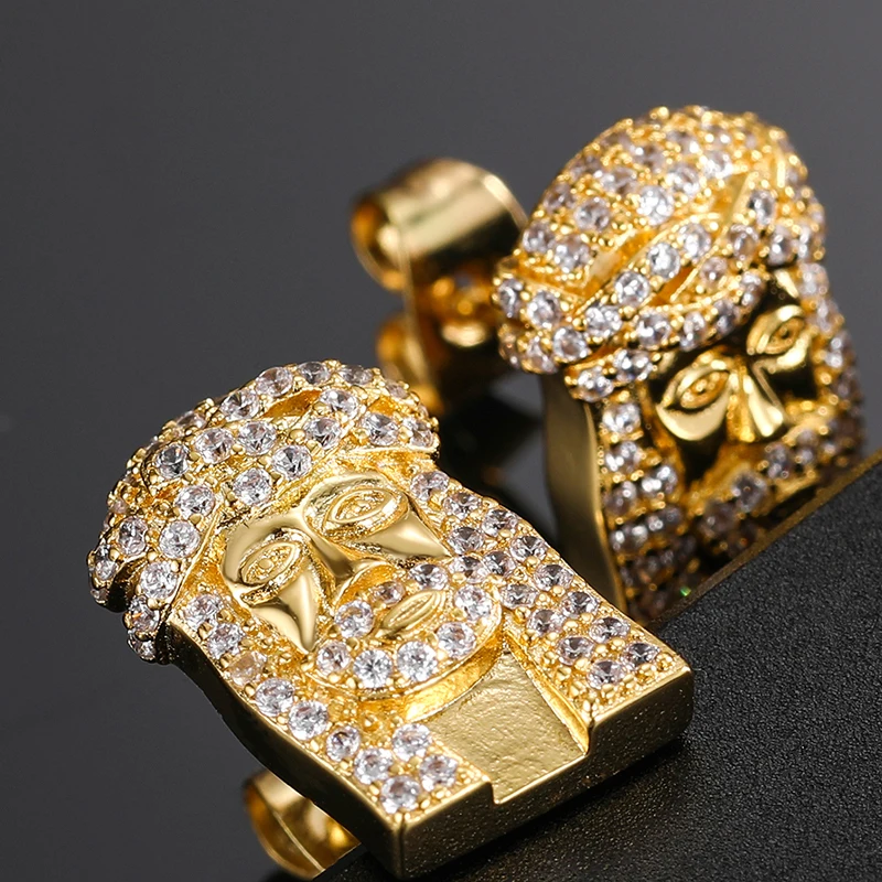 Hot Wholesale Men Jewelry Trendy Real Gold Plated Brass Hip Hop Fashion Prong Cubic Zirconia Jesus Stud Earrings