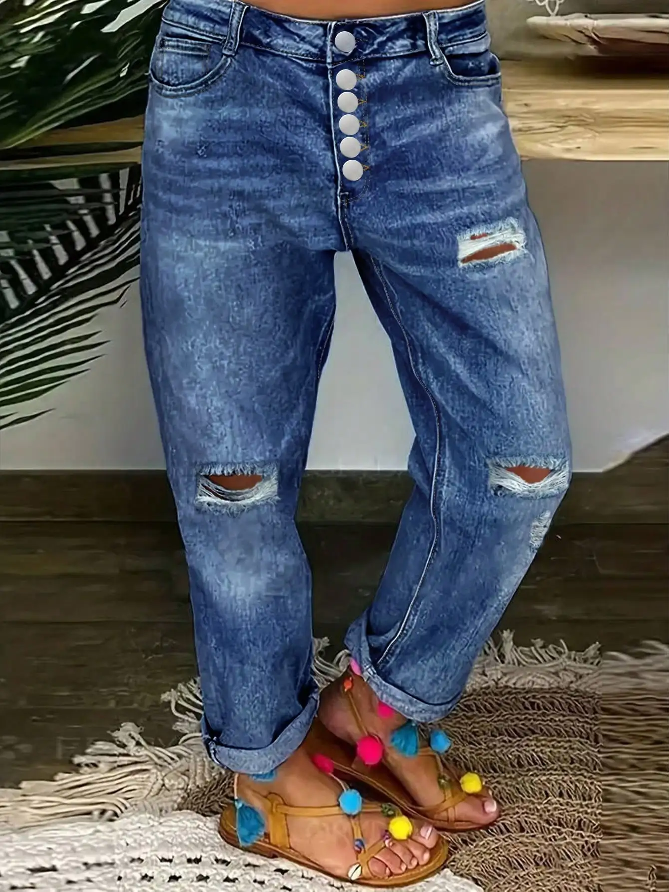 

WGXWGX Women's High-Waisted Distressed Boyfriend Jeans Button-Front Vintage Wash Casual Streetwear Cotton Blend