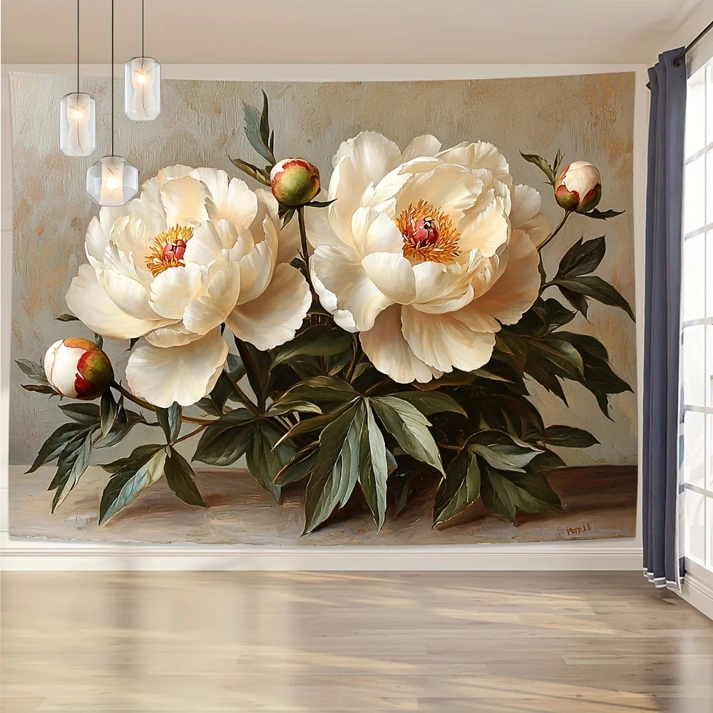 قطعة واحدة من نسيج طباعة الفاوانيا البيضاء، قماش بوليستر، قابل للغسل في الغسالة، مناسب لتزيين غرفة النوم وغرفة المعيشة. #1