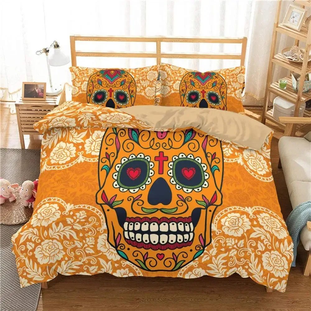 

Yellow Sugar Skull Print Home Bedding Set Duvet Cover Pillowcase Microfiber King Queen Double Twin Polyester Quilt Cover Set