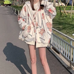 Korean Version Spring and Autumn Women's 2024 New Spliced Hooked Zipper Pocket Print Fashion Loose Casual Long Sleeved Jackets