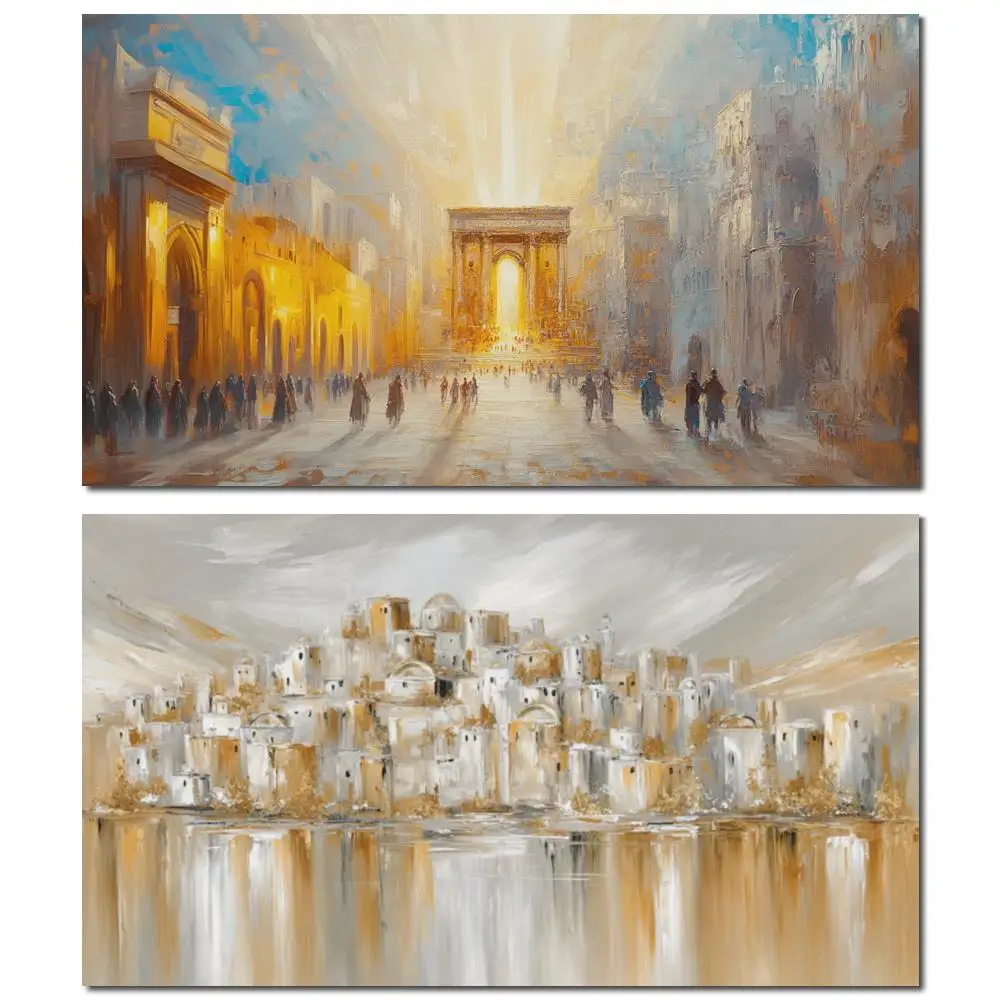 Original Judaic Art Holy Jerusalem Handmade Textured Oil Painting Abstract Landscape Canvas Artwork for Large Office Home Decor