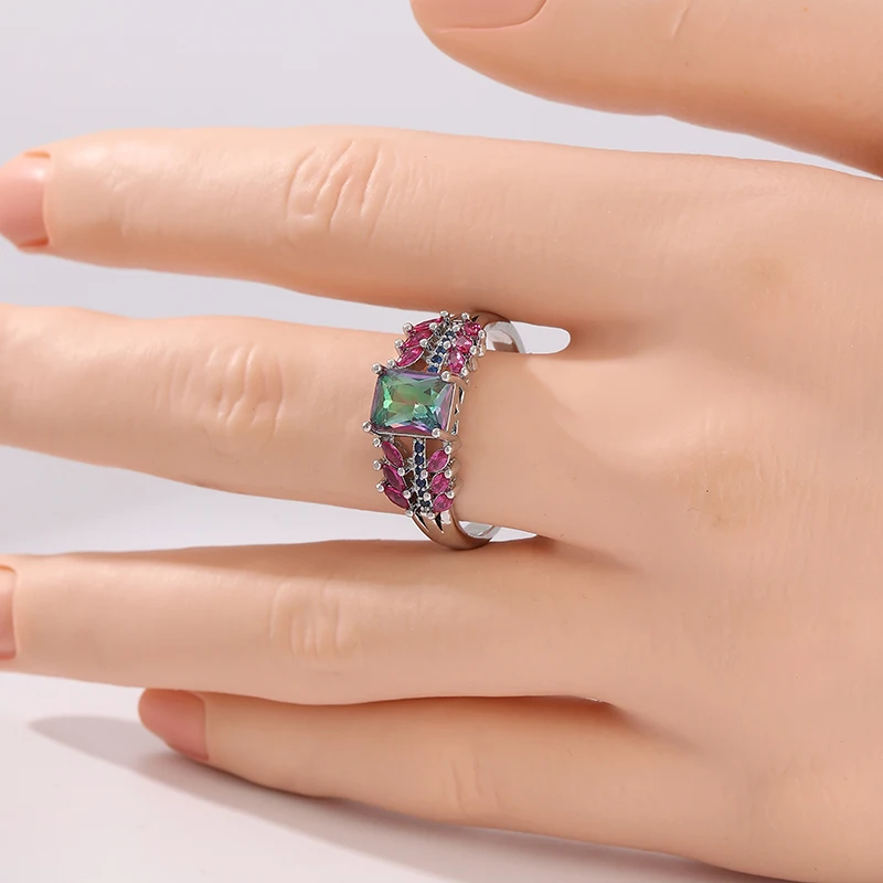Vintage-Ring für Damen mit eingelegten lila CZ-Steinen, exquisite silberfarbene Geometrie, für den täglichen Gebrauch, Partyschmuck, Jubiläumsgeschenk – Detail 1