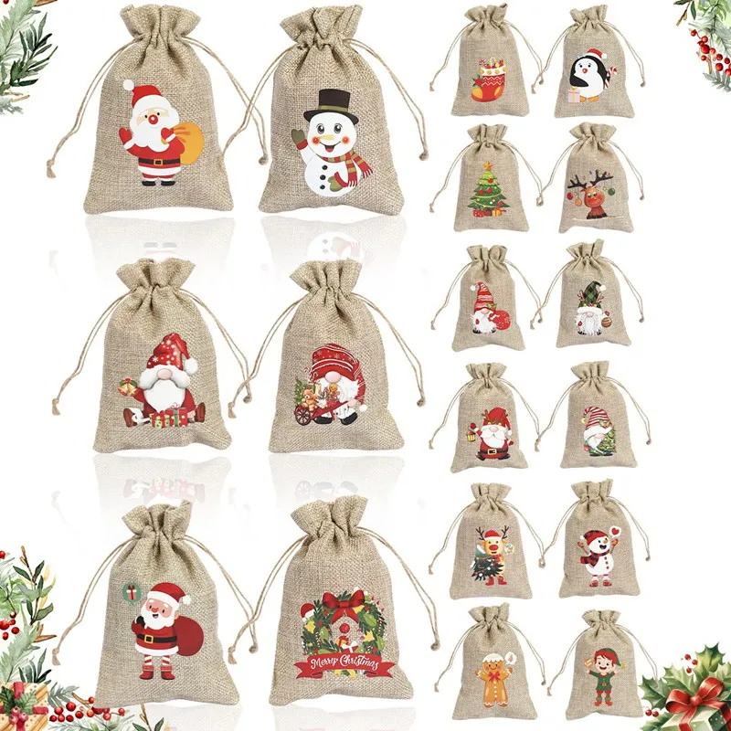 6pcs Christmas Linen Bags with Drawstrings,Candy Treat Bags,Gift Wrapping Bags for Home 2024 Navidad Noel Gifts Xmas Party Favor