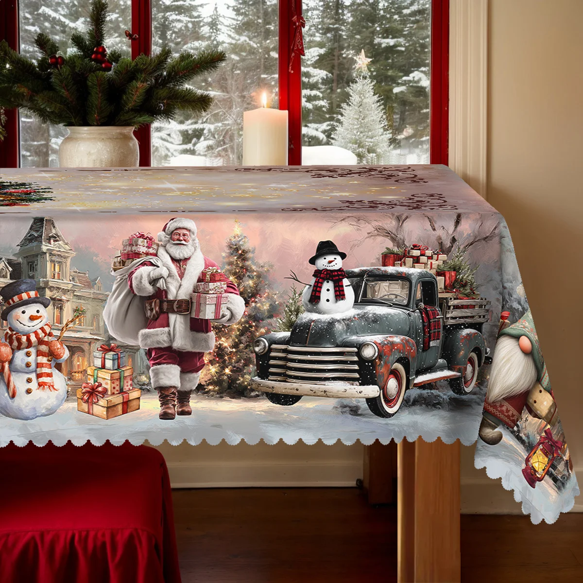 1 piece, Christmas-themed party tablecloth, with patterns of bells, bow ties, snowmen, fairies, and Santa Clauszyc