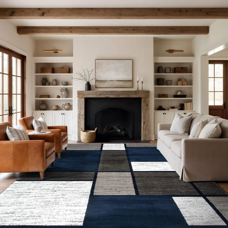 

10'x14' Navy Geometric Boxes Area Rug – Fade-Resistant, Modern Large Carpet Living Room, Bedroom or Open Space