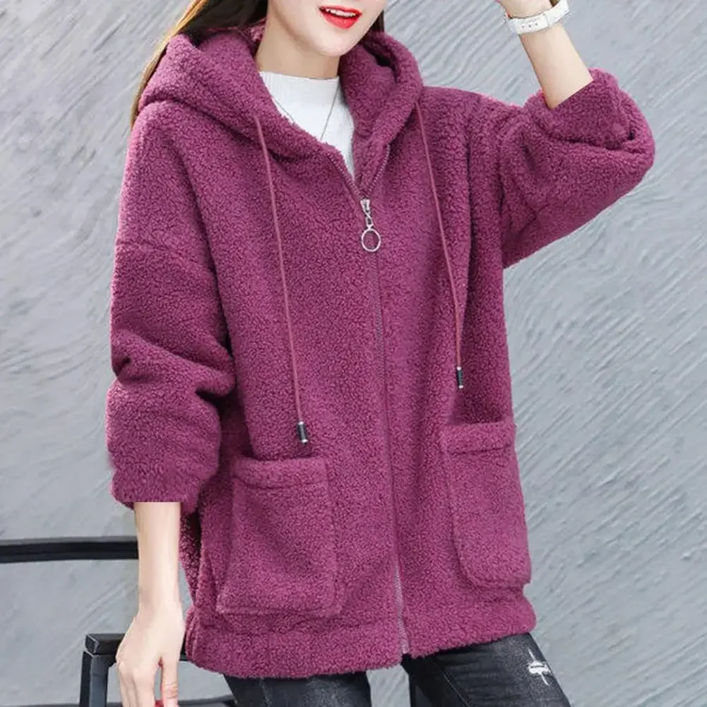 Women Hooded Coat Chic Fleece Thick Solid Color Pockets Long Sleeves Loose Warm Plush Zipper Cardigan Outdoor Winter Jacket