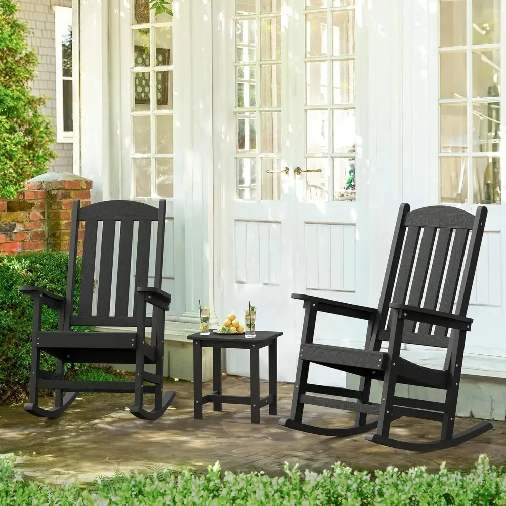 

Outdoor Rocking Chair 3-Piece Set, 2 Chairs and 1 Table HDPS Polyester Rocking Chair, All Weather, 300 Lbs, Black