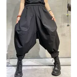 Retro Black Casual Wide Leg Pants for Women Autumn New Style Plus Size Elastic Waist Harem Pants Baggy Pants Low Crotch Pants