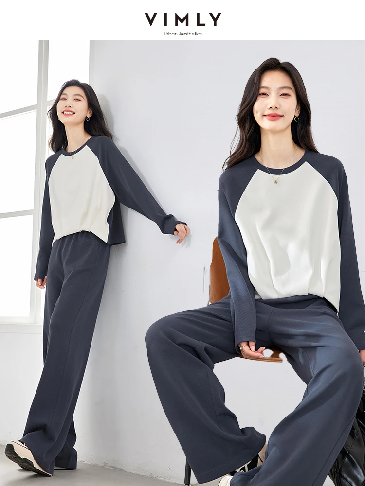 

VIMLY женские простые контрастные спортивные костюмы, комплекты брюк, весна-осень 2022, футболка, длинные брюки, повседневный комплект брюк M8181