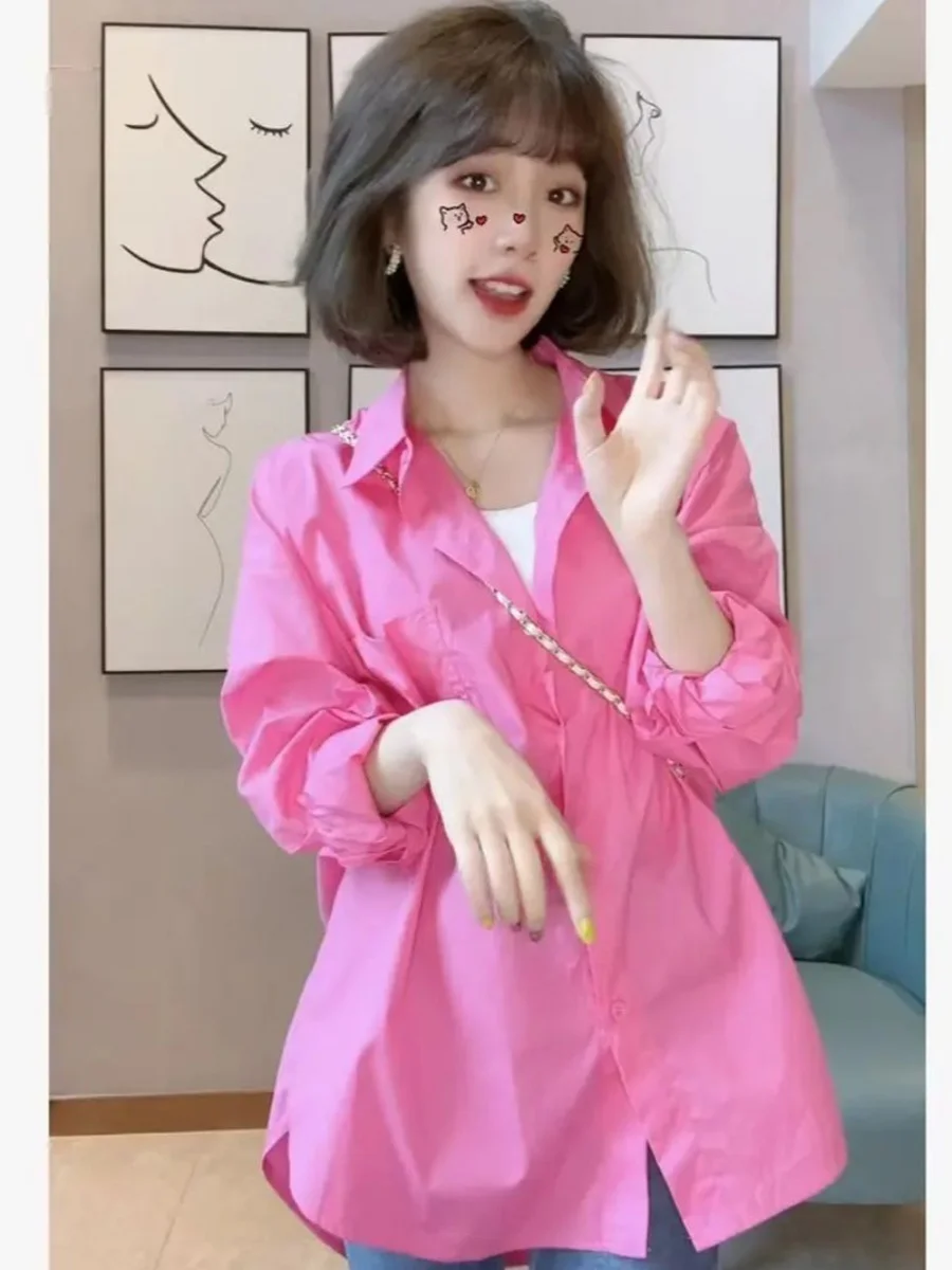 

Pink irt Women's Ele Spring Summer New Korean Sle Sun Protection High-End Feeling Long Sve Collar Mid-Length ...