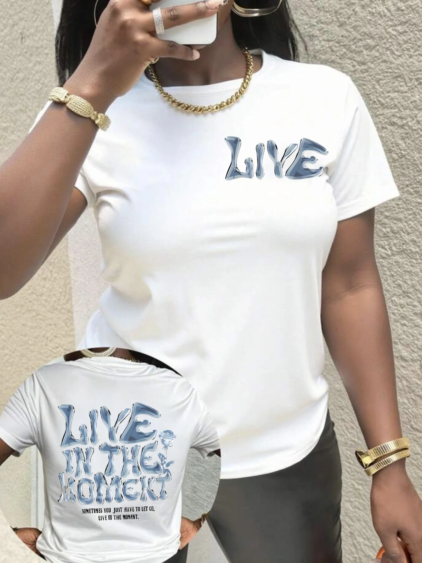 

English letters Plus size women's round neck short sleeve T-shirt with elastic half sleeves and trendy prints