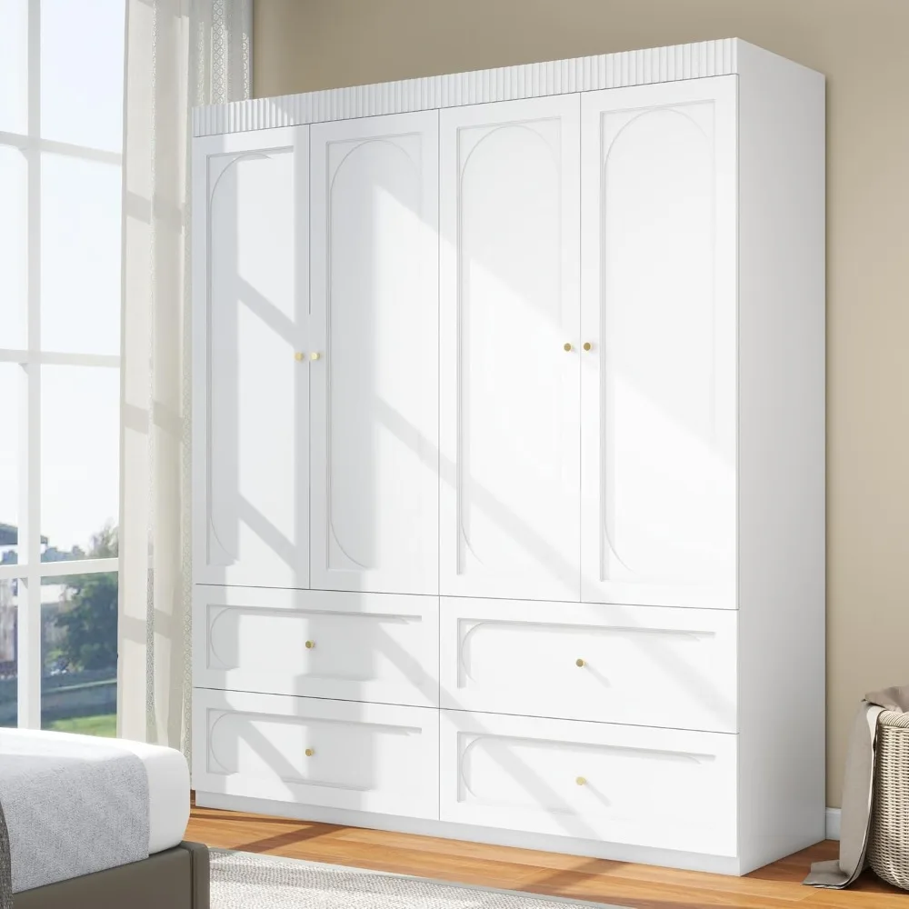 

Bedroom Armoire Wardrobe Closet with 4 Drawers: 74" White Wood Closet for Hanging Clothes, Cabinet for Clothes with 4 Doors