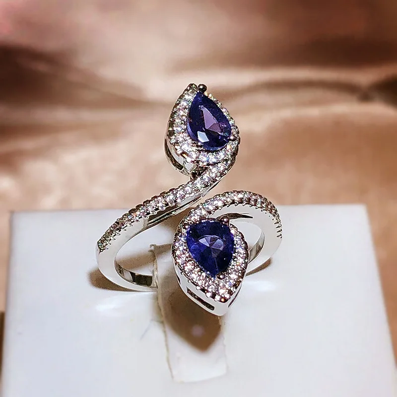 Creative 925 Silver Water Drop Pear-shaped Amethyst Full Diamond Ring Women Geometric Opening Adjustable Daily Commuting Jewelry