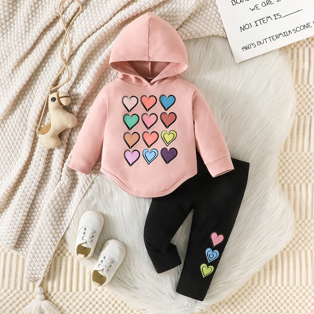 2024 New Winter Children Sets Long Sleeve Hooded Print Heart Black Pants 2 Pcs Roupa Infantil Menina Clothes Sets 6M-3T