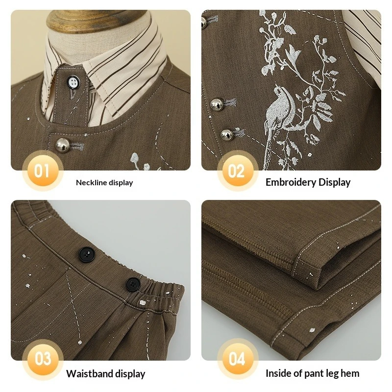 Teen Boys Formal Suit with Bird Embroidery Gentleman Outfit for Wedding Birthday Party Short Sleeve Shirt Vest Shorts 9-12 Years