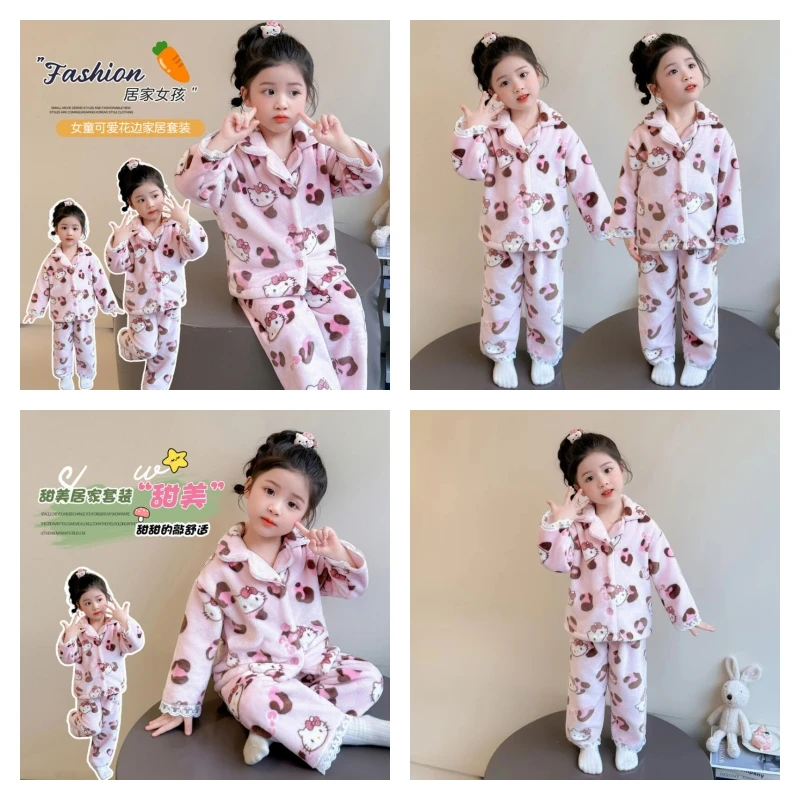 

Горячий пижамный комплект Sanrio для девочек, Hello Kitty Kawaii, модный зимний теплый утепленный топ, брюки, детская одежда, комплект из 2 предметов