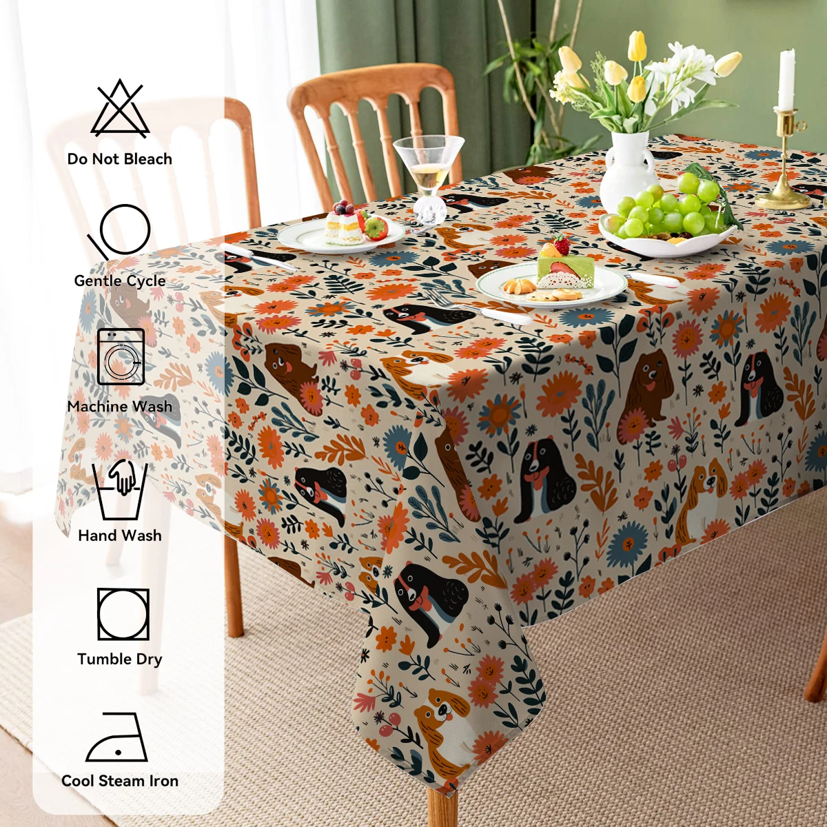 Cartoon Plant Branches and Leaves Waterproof Rectangular Polyester Tablecloth Birthday Party Rectangular Table Party Supplies