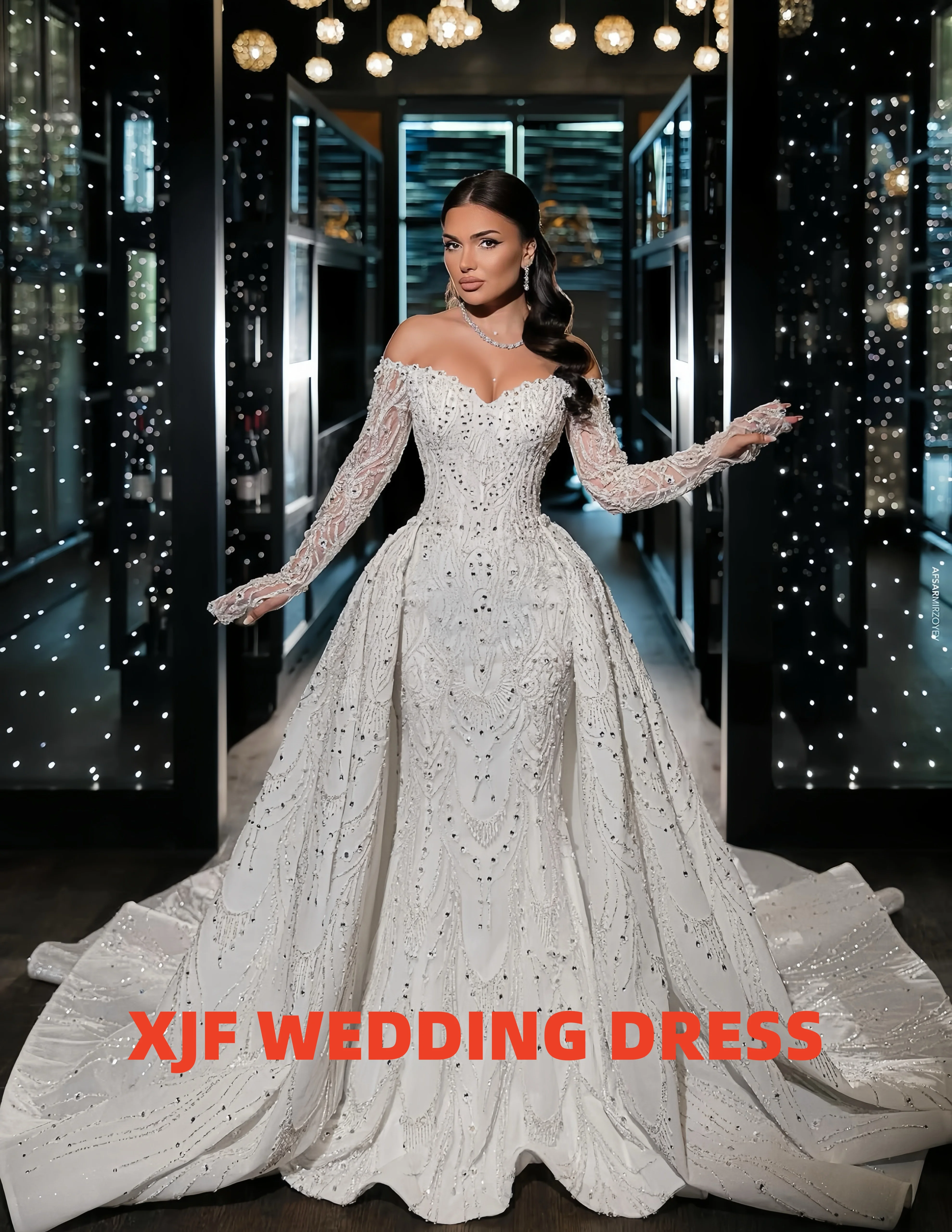 Dulce cuello de manga larga sirena cola desmontable amanda novias vestidos de novia amanda novias vestido de novia personalizado