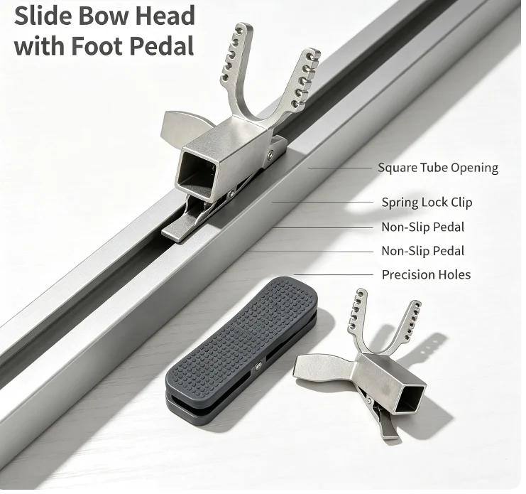 81mm 420g stainless steel square tube sliding bow head, with stable foot pedal, suitable for 10 strand rubber belt accessories