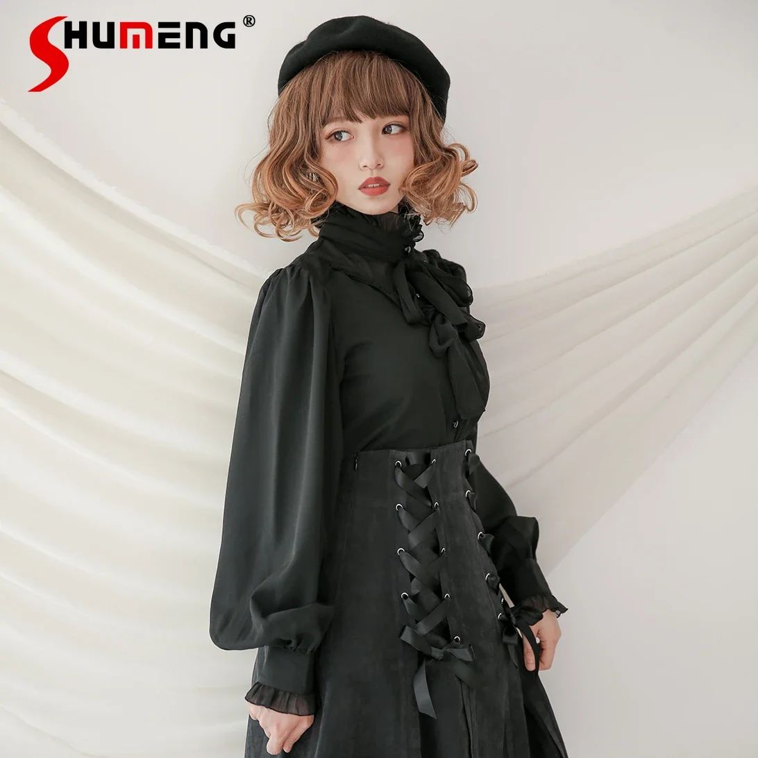 Chiffon Lolita Lantern Sleeve Vintage Shirt 2024 Autumn New Dark Loose Space-up Blouse Women Long Sleeve Tops Camisas De Mujer