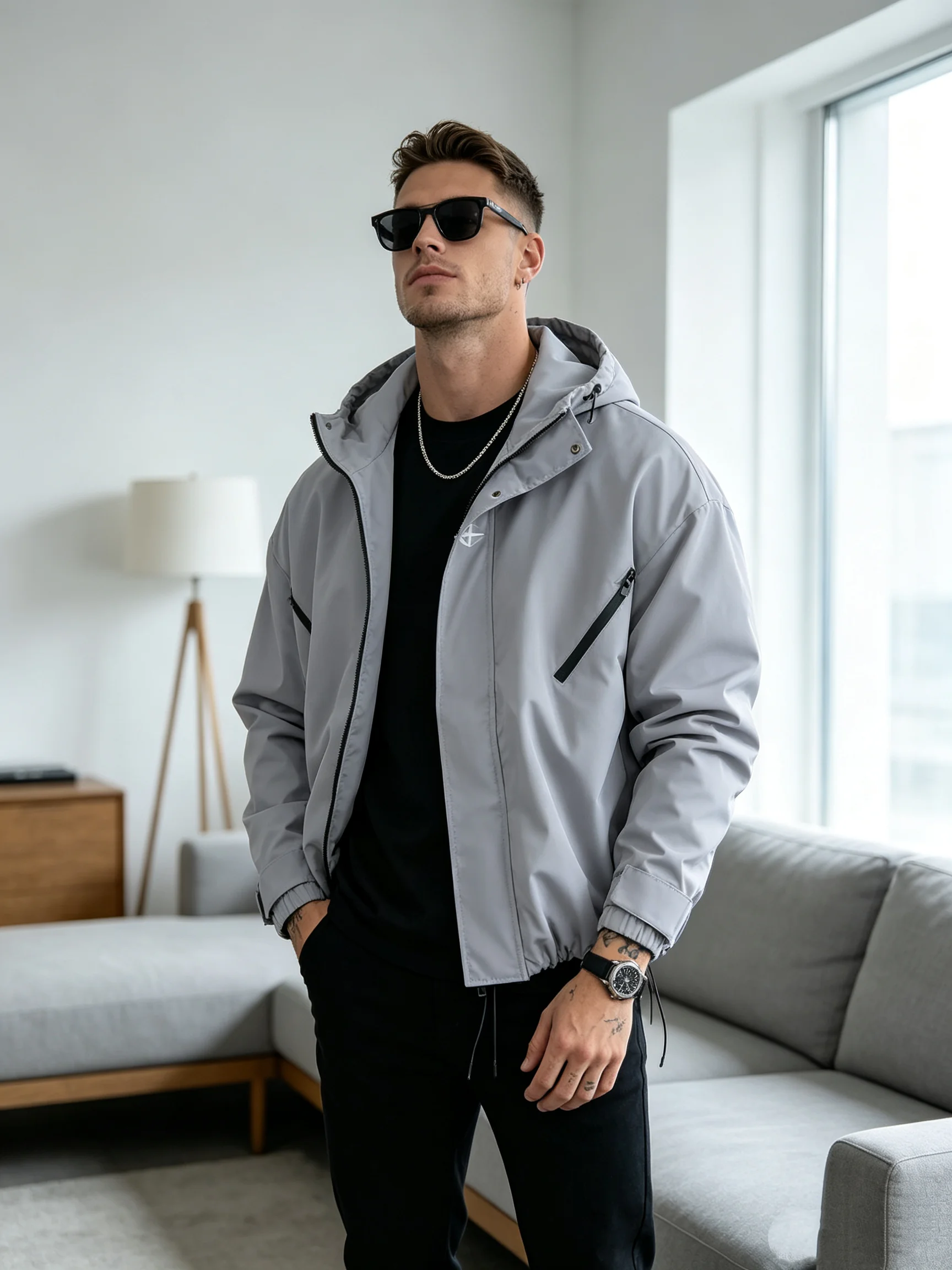 Windbreaker Men Zip - เสื้อแจ็คเก็ตกันลมมีฮู้ดสำหรับผู้ชาย พร้อมเชือกรูดชายเสื้อ กันน้ำ ซิปหน้า สไตล์สตรีทแวร์สำหรับกิจกรรมกลางแจ้ง กันลม