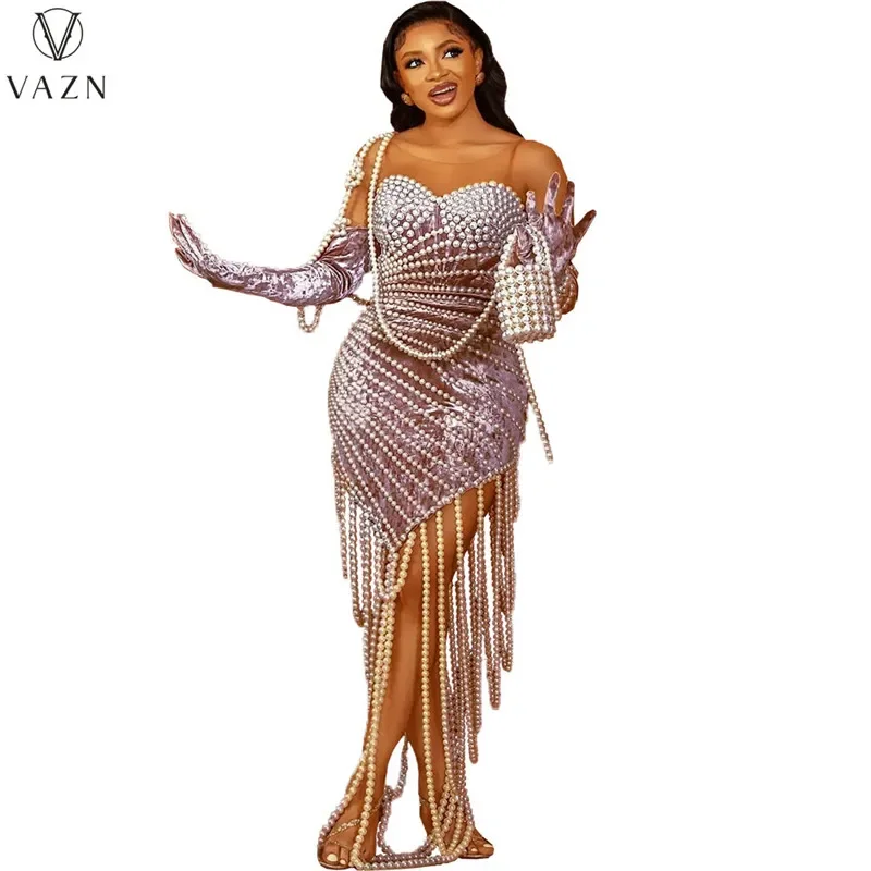 VAZN 2022 Women Sexy Slim-slim Long-sleeve Dress Pearl Nail-bead Show Dress Dresses Hot Sale Europe and Africa Style