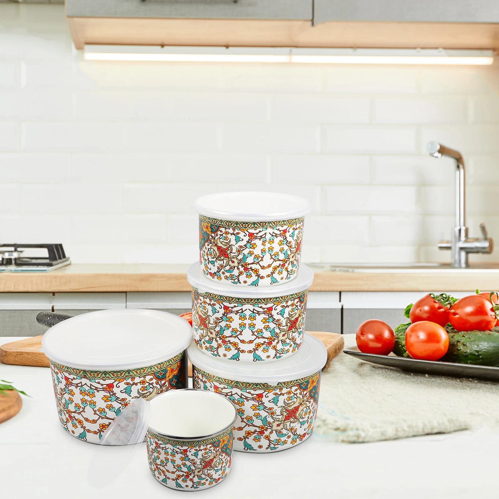 

5Pcs Enamel Bowls with Lids Vintage Style Chinese Soup Bowl for Noodle Salad Rice Food Storage Kitchen Supplies