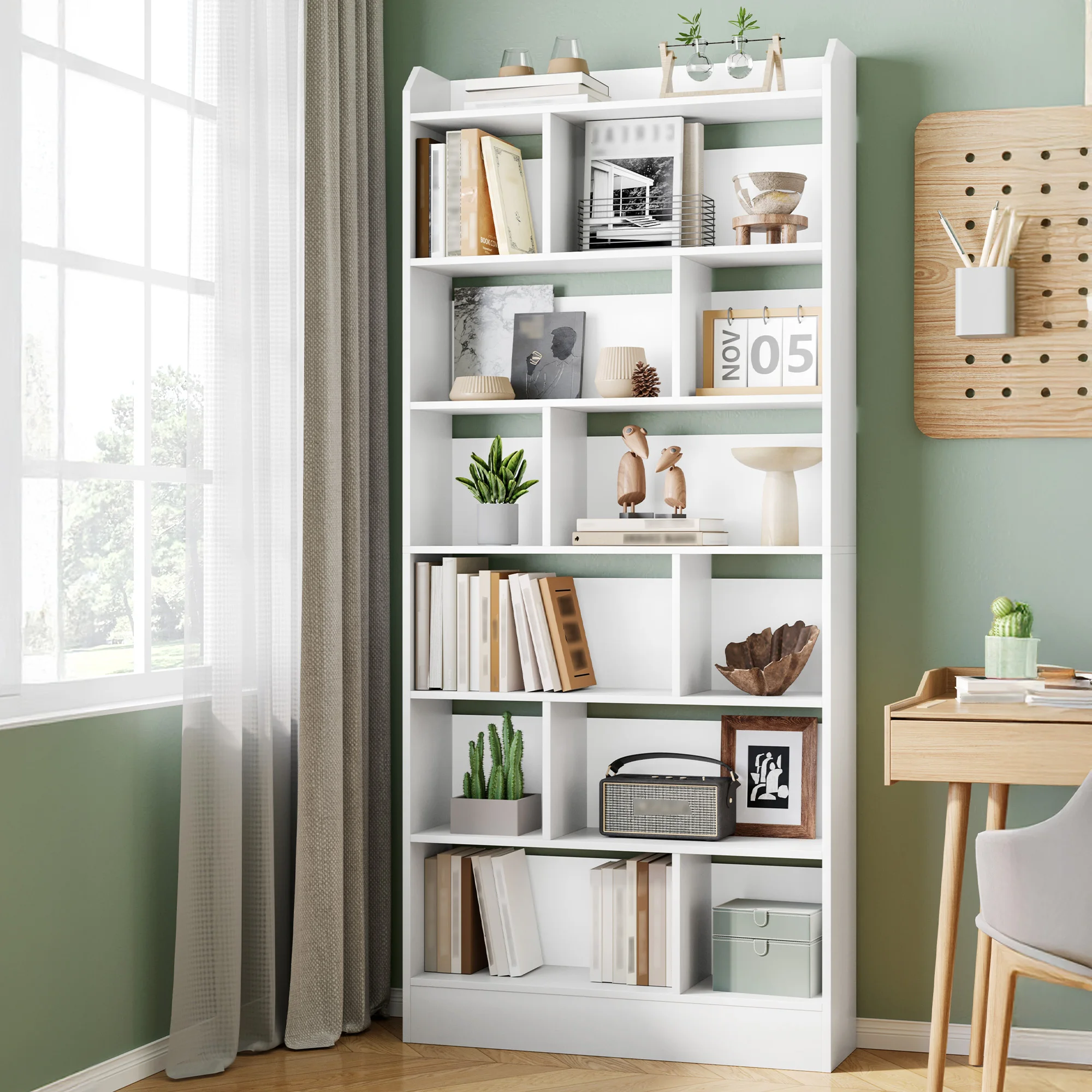 Bibliothèque blanche avec 7 compartiments, étagère de rangement, étagère sur pied pour salon, bureau, chambre à coucher