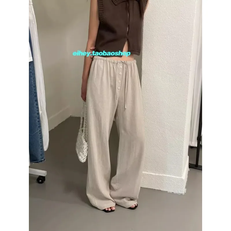 High Street Fashion Drawstring Multi Button Loose Wide Leg Pants Women 2024 Summer New Korean Solid Color All Match Casual Pants