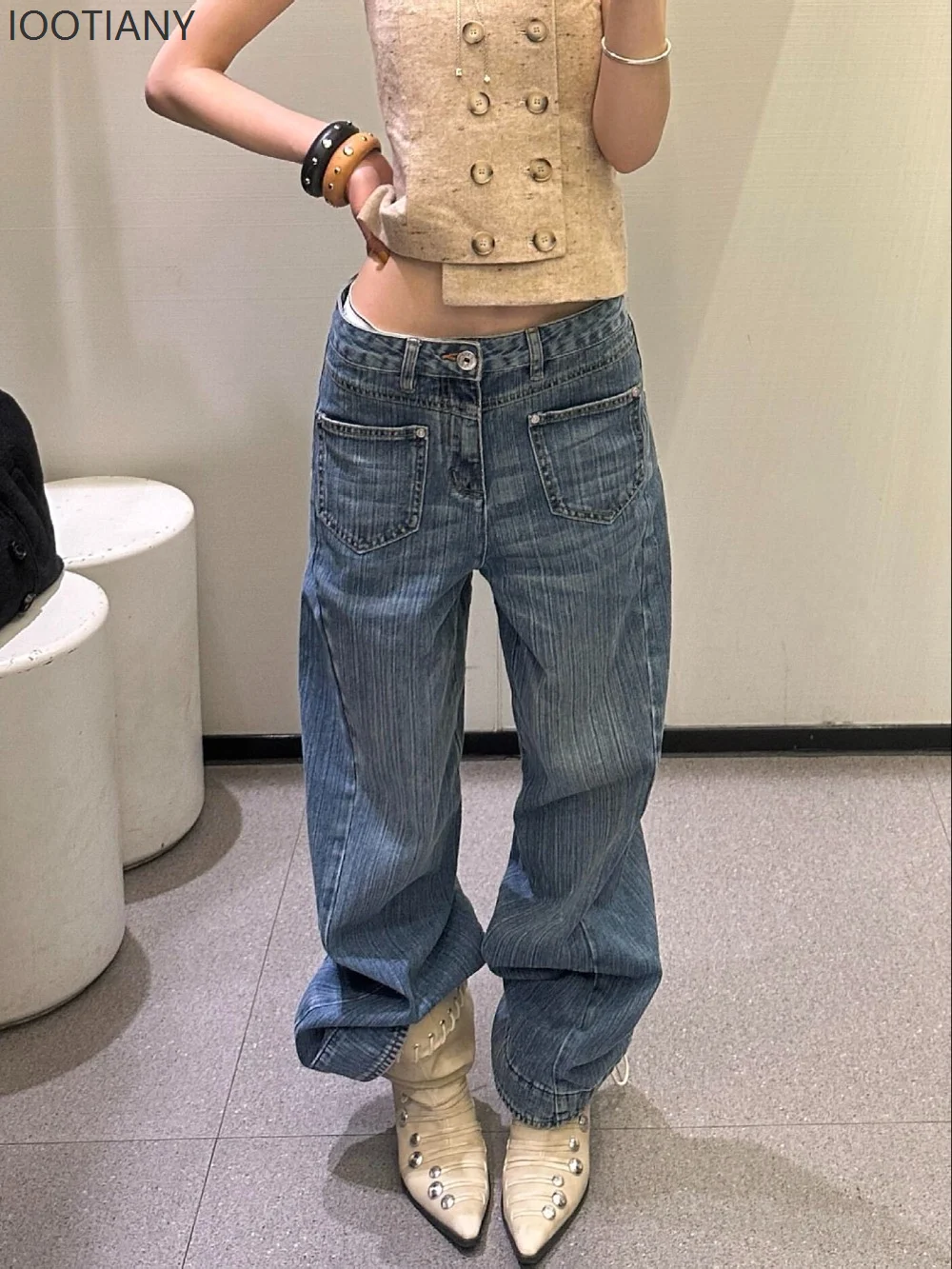 2026 American Vintage Deconstructive Paneled Jeans Women Grunge Streetwear Loose Straight Wide Leg Casual Denim Pants