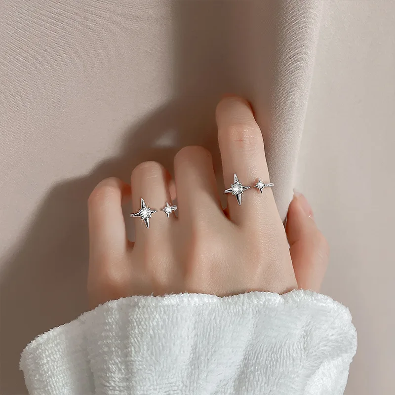 Women's 925 Sterling Silver Four-Pointed Star Zircon Ring
