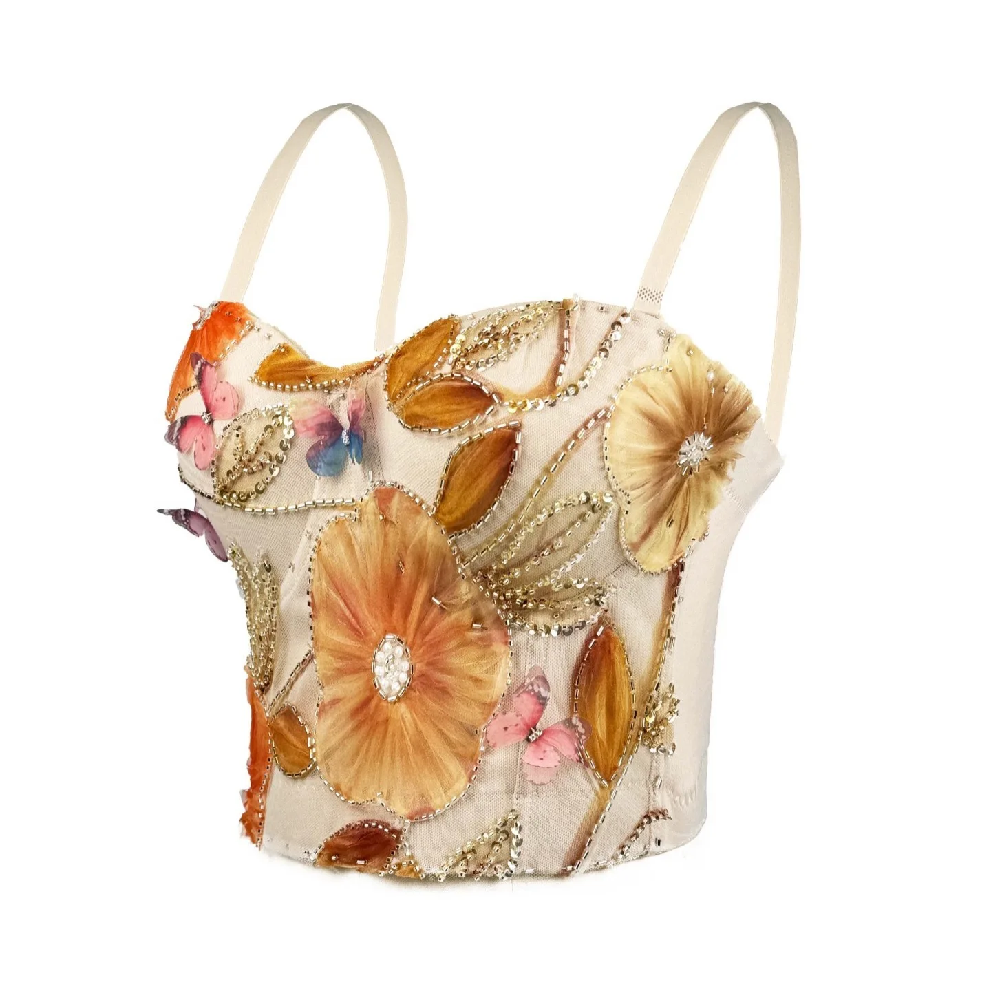 

French heavily embroidered 3D floral tube top camisole, vintage and elegant butterfly camisole, stylish slim-fitting camisole.
