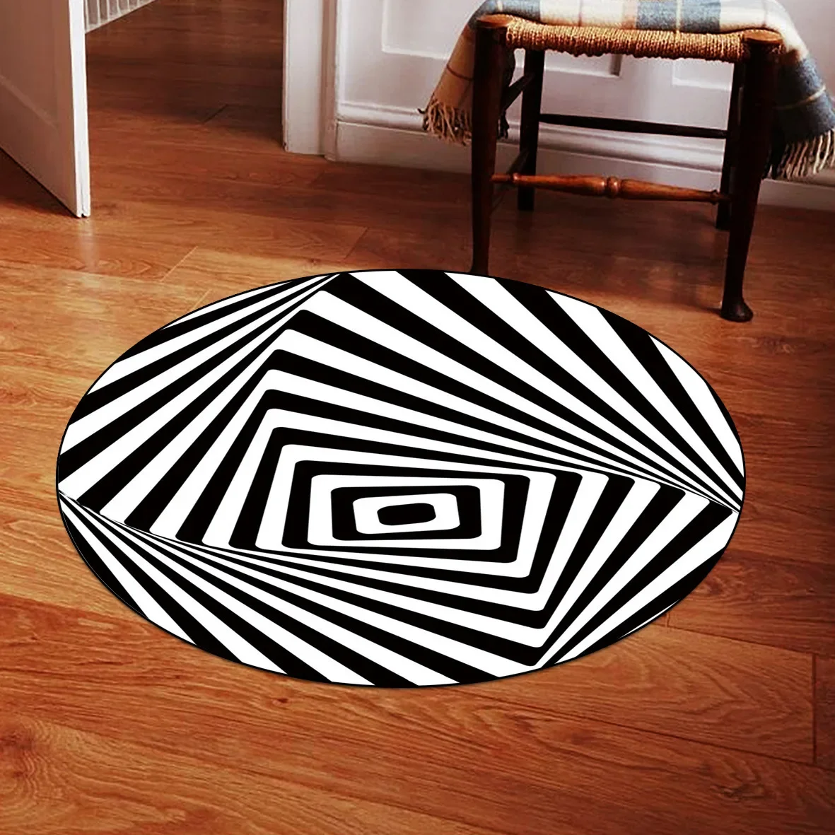 Round Black & White Geometric Stripe Rug – Abstract Texture Anti-Slip Mat for Living Room Cloakroom Home Decor
