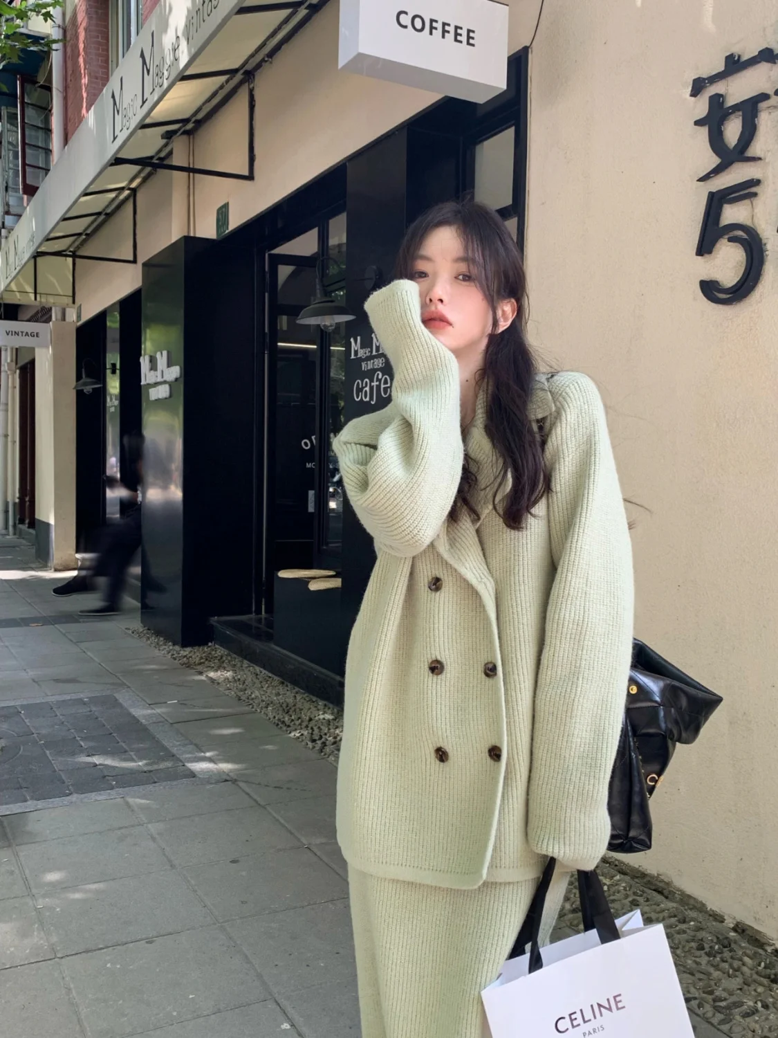 2024 Green Sweet Trendy Set for Women Autumn/Winter Retro Double Breasted Knitted Coat High Waist Split Half Skirt Two-piece Set