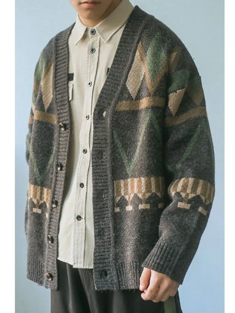 Vintage Print Autumn Winter Jacket Knitted Cardigan High-end Coats Sweater Warm Casual Loose Tops Long Sleeve Single Breasted