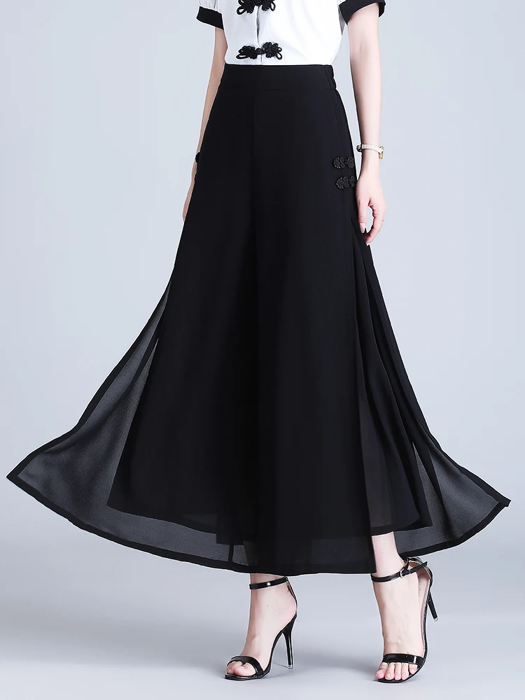 Women's Summer Thin Chiffon Wide Leg Pants A-Line Skirt High Waist Draping Loose Long Skirt Pants Nine-Piece Pants