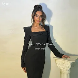 Qanz Modern Black Evening Dresses Black Satin Mermaid Corset Back Vestido Largo Elegante Long Sleeves Party Dress Customized