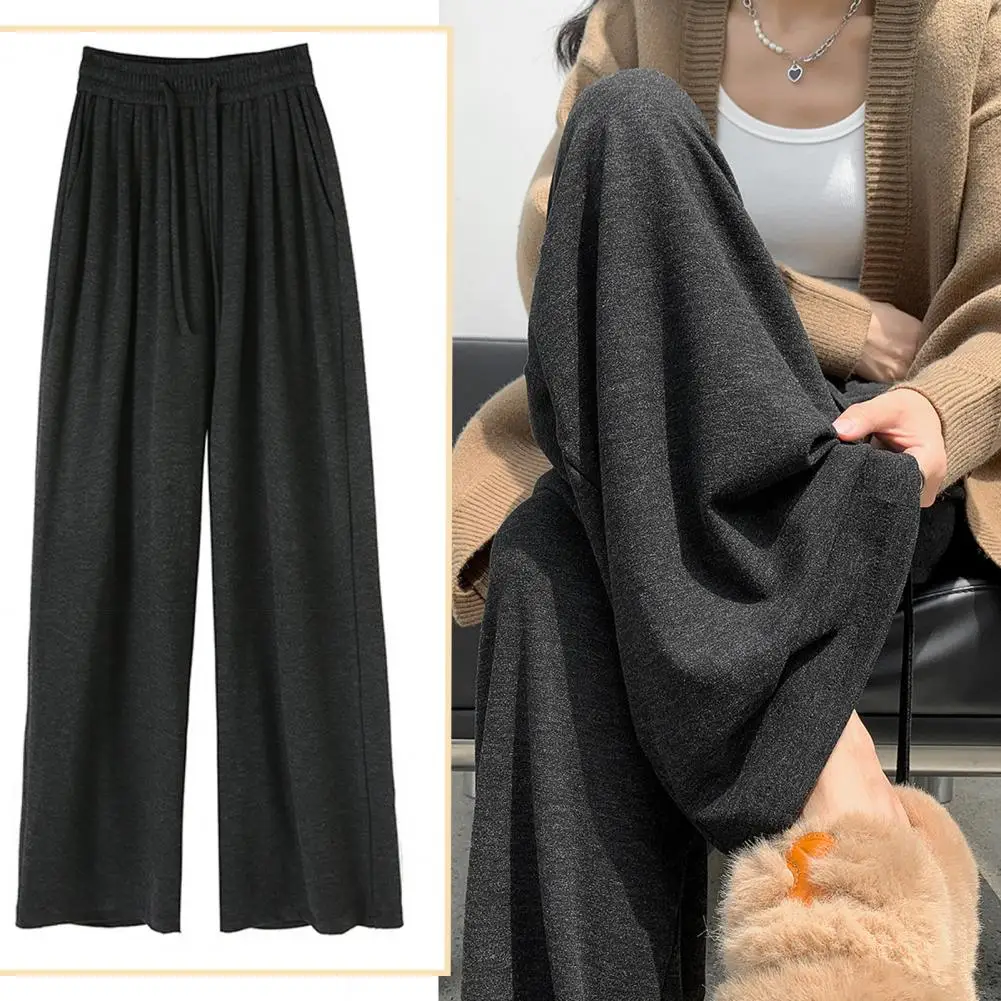 Wide-leg Pants Elastic Waist Bottoms High Waist Wide Leg Women's Pants with Drawstring Soft Solid Color Trousers for Fall Winter