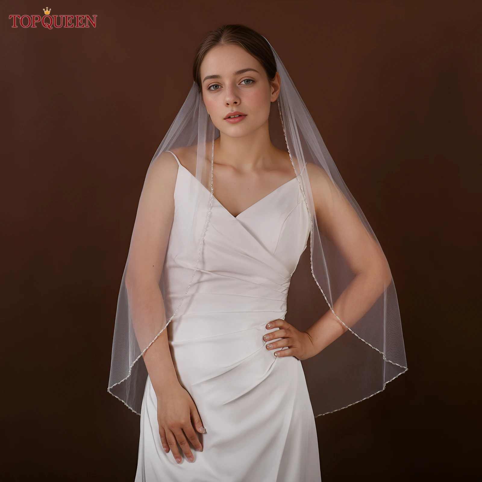 TOPQUEEN V107 Bridal Wedding Veil With Pearl Crystal Beads Crystal Beads Bridal Veil Wedding Crystal Beads Shiny Customizable image 2