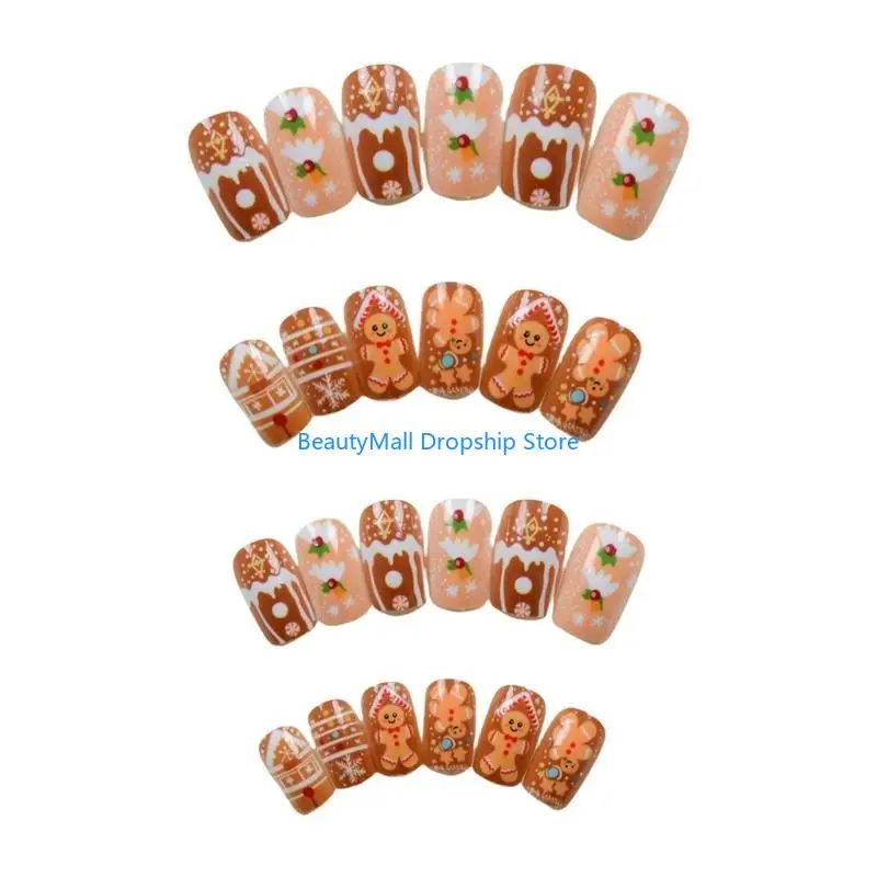 40JD ジンジャーブレッドマン人工爪スノーフレーク付け爪クリスマスプレス爪チョコレートハウススティック爪