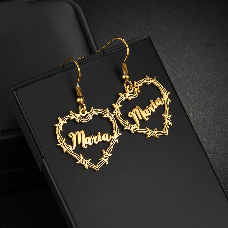 Customizable Name Stainless Steel Wire Mesh Hollow Heart Earrings Unique Personalized Jewelry Accessory