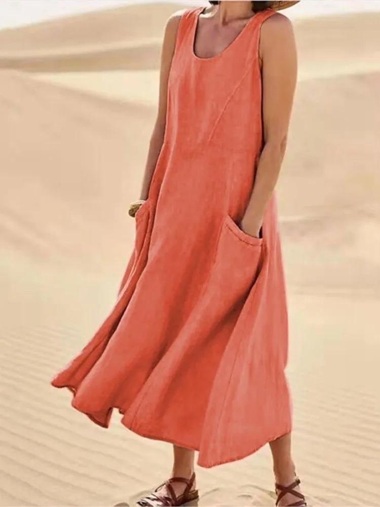

Summer New Women's Retro Simple Comfortable Casual Cotton Linen Dress Fashion Pocket Sleeveless Round Neck Mid-waist Long Skirt