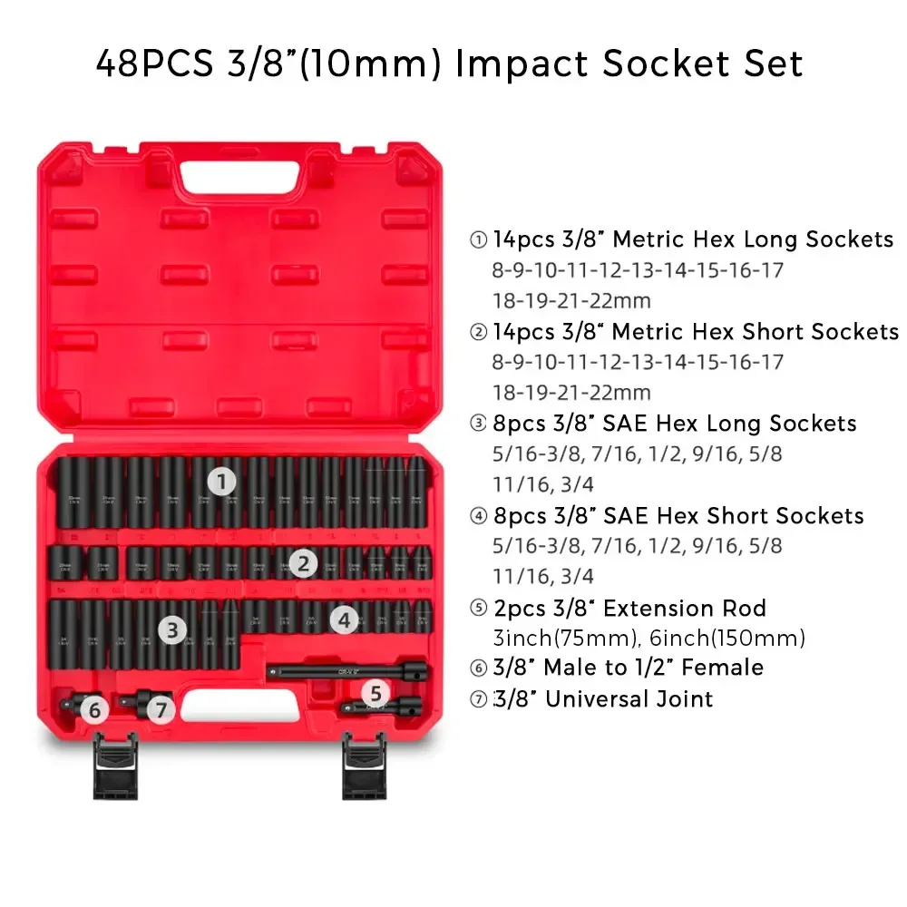 Imagem -03 - Binoax-drive Impact Socket Grupo Sae Padrão e Tamanhos Métricos Pontos Cr-v Soquete de Aço 48 Pcs 55 Pcs 66 Pcs