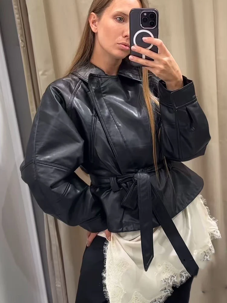 TFMLN Giacca da donna in ecopelle con cintura Colletto rovesciato nero Maniche lunghe Tasca con cerniera Cappotti corti da donna Streetweer