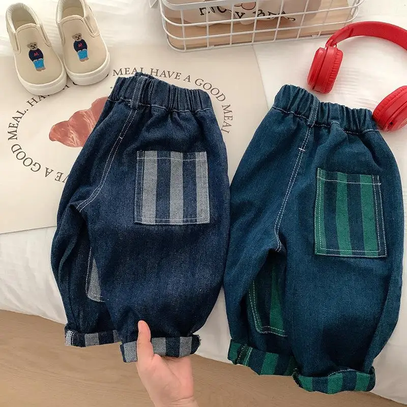 Boys Jeans Autumn Spring Denim Pants for Kids Children Patch Striped Trousers Baby Casual Joggers Toddler Clothing 1-6years