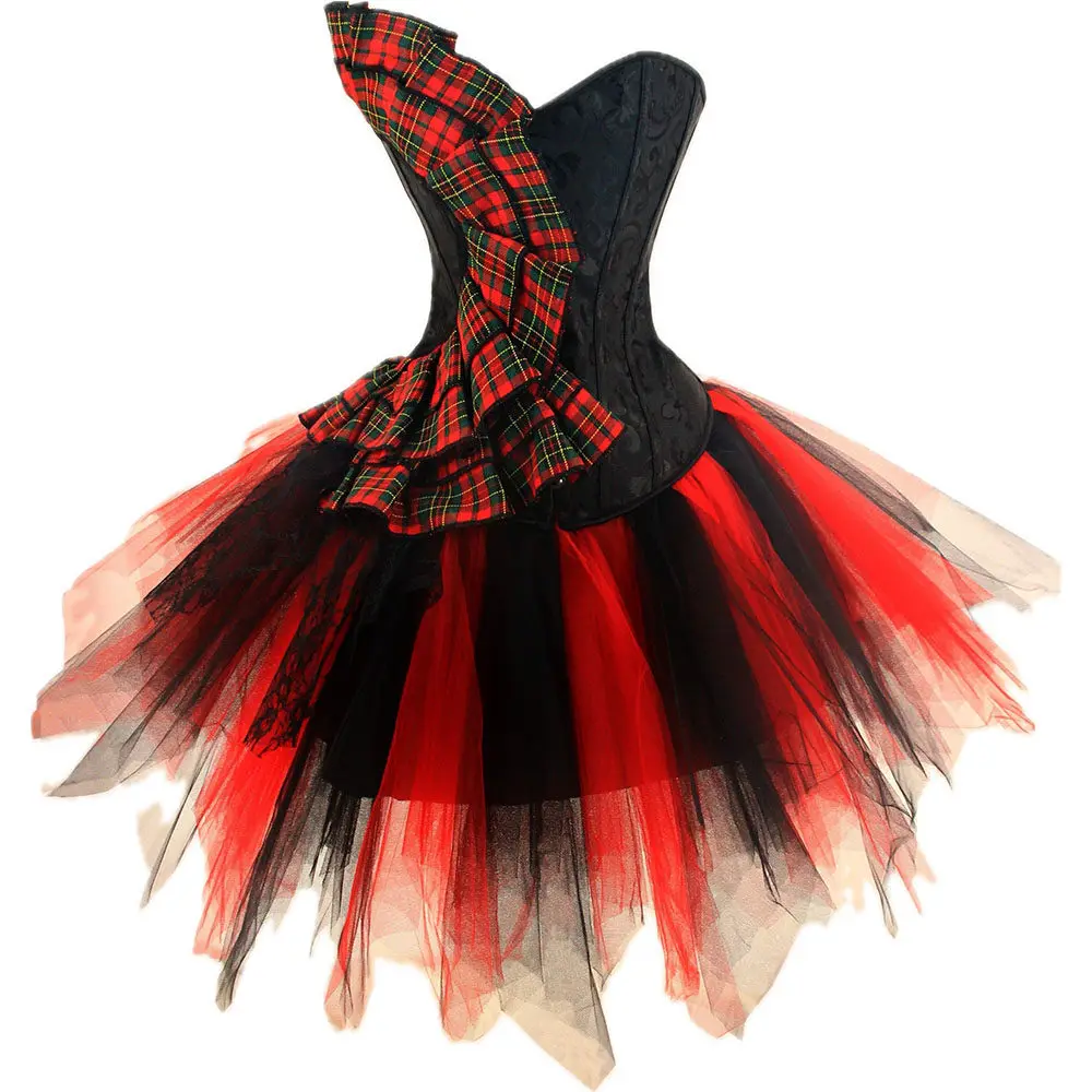 

Vintage Corset Dress Classic Plaid Ruffles Bustiers Lace Up Corsets Top with Layered Irregular Skirt Set Women Burlesque Costume
