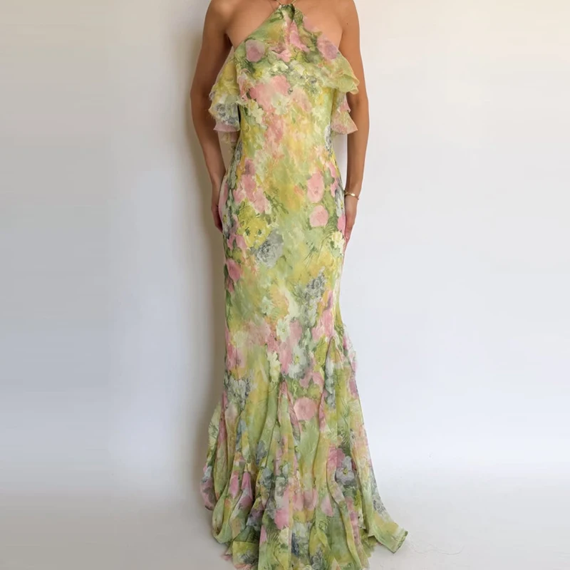 

Elegant Lady Beach Party Slim Maxi Dress Fashion Sleeveless Backless Halter Print Dress Summer High Waist Chiffon Vacation Dress